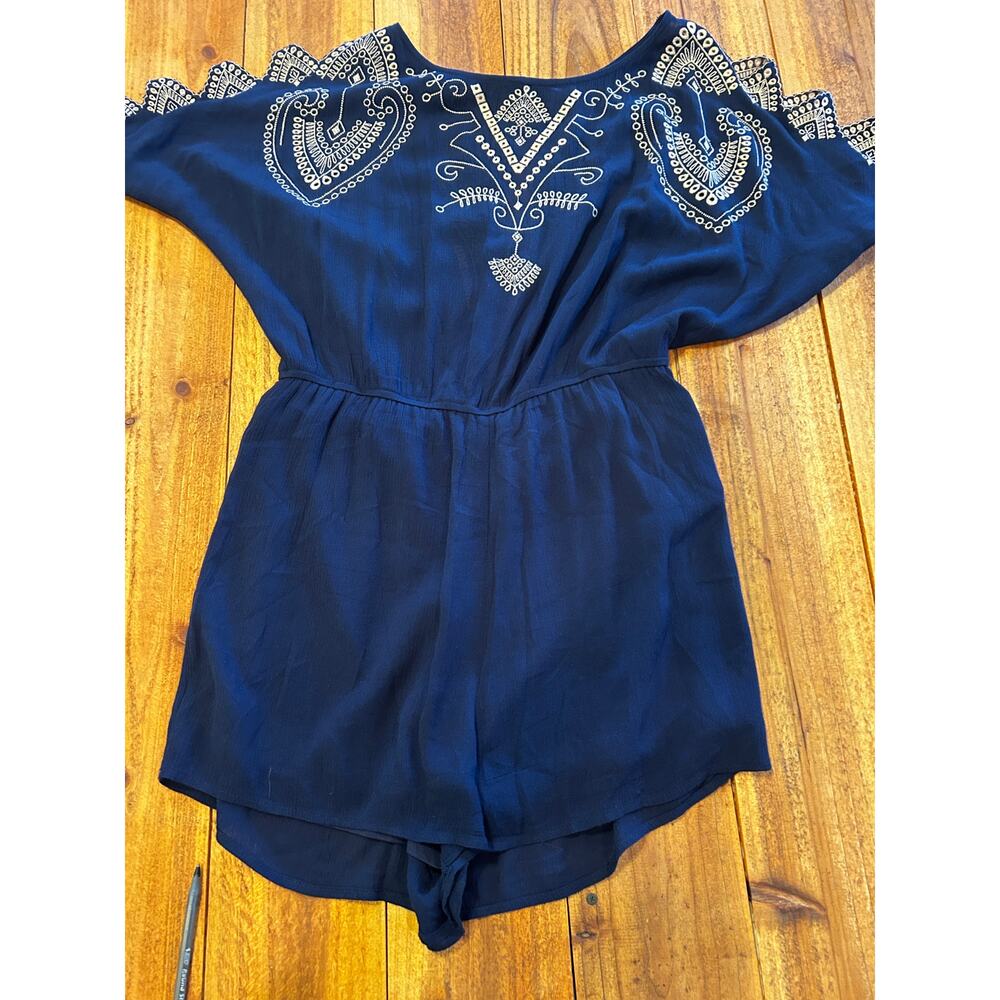 Alya Navy Blue Embroidered Boho Cold Shoulder Romper Cutout Flutter Sleeve S M - Picture 2 of 10